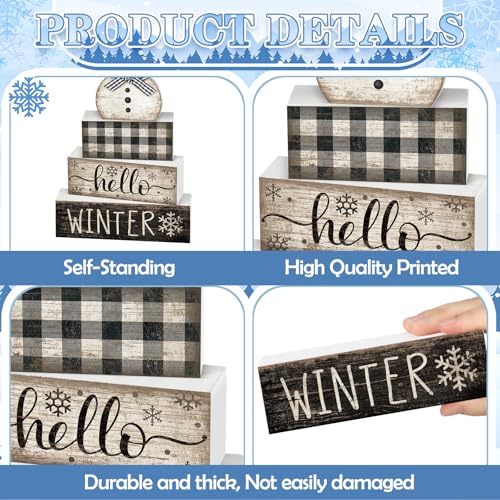 Image of Moucuny 4 Pcs Snowman Christmas Decor Winter Table Decorations Christmas Tiered Tray Decor Winter Centerpiece Decorations Indoor Rustic Wooden Snowman Block Sign Gift Farmhouse for Home Kitchen Shelf