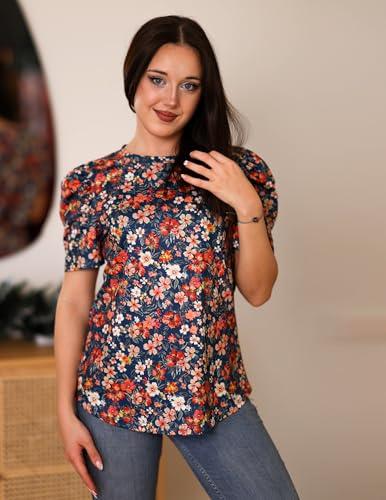 Zeagoo Blouse for Women Dressy Casual Puff Short Sleeve Boho Tops Fashion Floral Crew Neck Tunic Shirts Summer Clothes