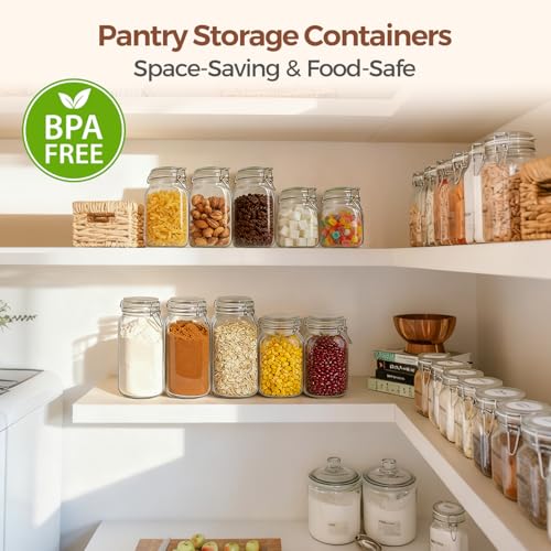 Image of ComSaf Square Glass Canisters 51 oz 3 Pack for Flour Sugar Coffee Pantry | Airtight clamp lids, four labels, 3.3-inch wide mouth for baking staples, tea, herbs, candy, jam, cookie, pantry organization