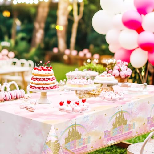 Image of Avezano 6 Pcs Princess Castle Tablecloth Rainbow Princess Birthday Table Cloth for Girls Women Birthday Party Decorations 108 x 54 Inch
