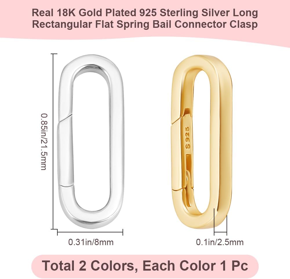 Beebeecraft 1 Box 2Pcs Oval Clasps Real 18K Gold Plated 925 Sterling Silver Rhodium Plated Round Trigger Connector Snap Clip Spring Gate Rings for Jewelry Making Necklace Bracelet DIY Crafts Supplies