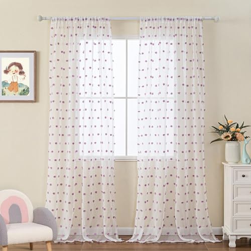 Image of MYSKY HOME Purple Pom Pom Sheer Curtain for Living Room 95 Inches 2 Pieces | White Sheer Curtain, Large Sliding Door, Curtains for Bedroom, Light Filtering, Rod Pocket, Window Backdrops, 50 x 95 in