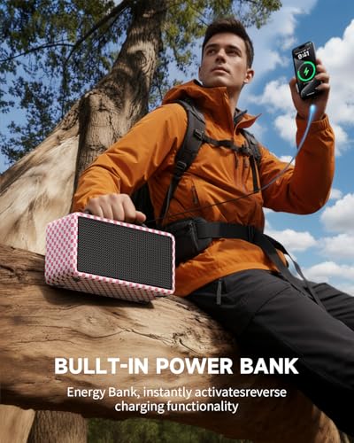 Image of DINDIN Portable Bluetooth Speaker: 80W (Peak), 20H Playtime, Wireless Big Wood Boombox with Deep Bass, Subwoofer, TWS, Large, Loud Speaker for Party, Outdoor, Backyard, Beach, Home,Gift(Pink+White)