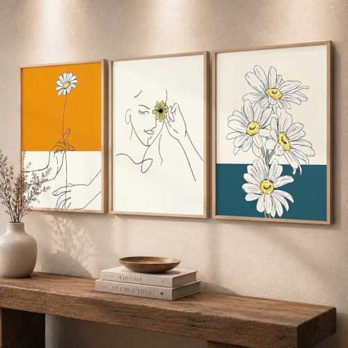 Image of kotart Aesthetic Line Art Home Decoration | Floral Paintings With Frame For Living Room Bed Room Hotel Wall Decor Digital Reprint Set of 3 (20x30 Inch)