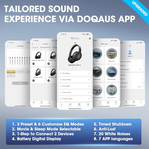 Image of DOQAUS Over Ear Bluetooth Headphones Wireless, 90H Playtime, BT 5.4, 9 EQ Modes, HiFi Deep Bass, Movie & Sleep Mode, White Noises w /App Control, Memory Foam Cups for Travel, Gym, Workout, PC, Phone