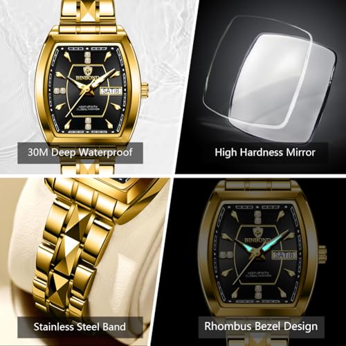 Image of BINBOND Square Watches for Women Analog Quartz Day Date Ladies Wrist Watch Diamond Stylish Stainless Steel Dress Womens Watch Elegant Luminous Waterproof