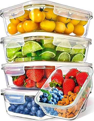 PrepNaturals Glass Meal Prep Containers (5 Pack, 36 Ounce) - Glass Food Storage Containers with Lids - Food Containers Food Prep Containers Glass Storage Containers with Lids Glass Lunch Containers