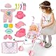 deAO Baby Puppen mit Puppenwagen Spielset, Spielpuppe Puppe interaktiv mit 2 Puppenkleidung, Trink- und Nässfunktion und Zubehör, Ankleidepuppe Kinderwagen Set Geschenkset für Kinder