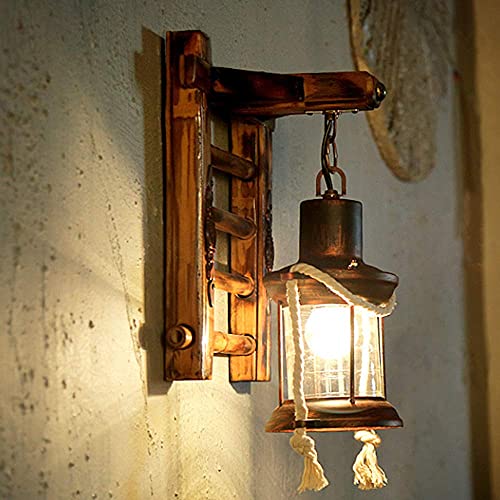 KBEST Vintage Schmiedeeiserne Wandleuchten E27 Schlafzimmer Hanfseil Wandbeleuchtung Retro Esszimmer Wandlicht Massivholz Einfache Treppe Wandlaterne Gang Bar Loft Korridor Cafe Wandlampe Cover