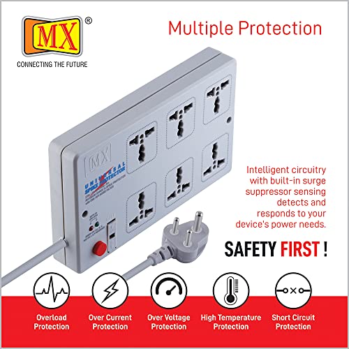 Image of MX Spike Protector Extension Board with 6 Universal Sockets 3 Meter Extension Cord 5 AMP Power Strip with Surge Protection and Master Switch for Home & Office Use