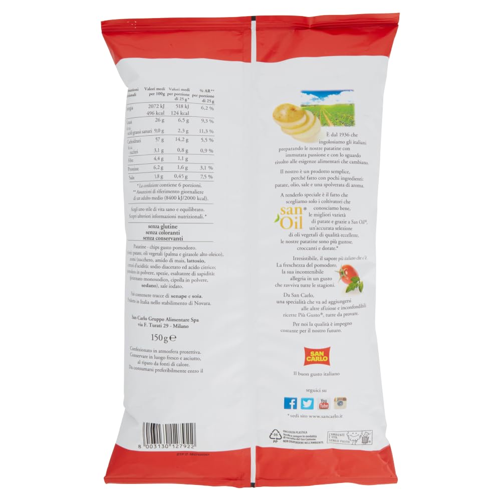 6 paquetes de prueba San Carlo Patatine, tomates cherry 3 x 150 g + Rustica 3 x 300 g – Bolsa para patatas fritas + llavero Beni Culinari gratis