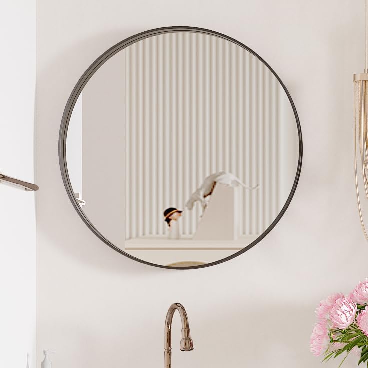Miniatura 7 de LOWIXI Espejo redondo de 24 pulgadas para baño, espejo de pared con marco de aluminio para dormitorio, color negro