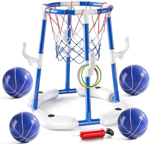 Pool Basketball Hoop,2-in-1 Floating Pool Basketball Toys with 4 Balls,12 Rings&Pump, Basketball & Ring Toss Swimming Pool Games, Summer Outdoor Water Play Toy for Kids 4-8 8-12,Blue