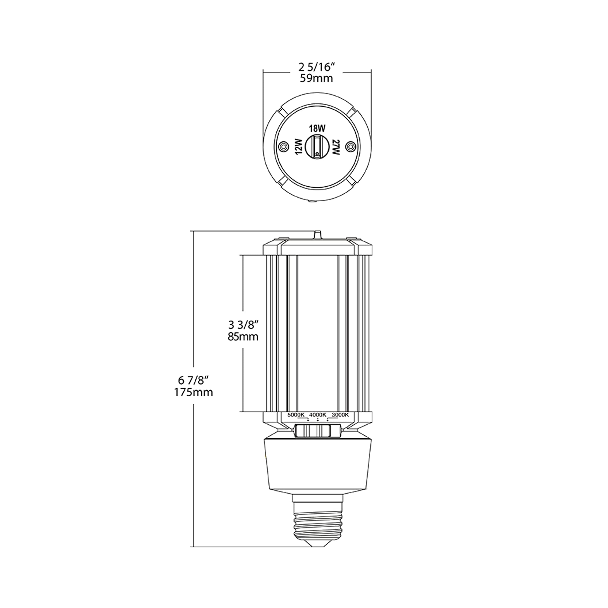 RAB Lighting Field Adjustable LED Corn Cob, 3000K/4000K/5000K Selectable, 12W/18W/27W Adjustable, Ballast Bypass 120-277 Volt, E26 Medium Base, HIDFA-27S-E26-8CCT-BYP