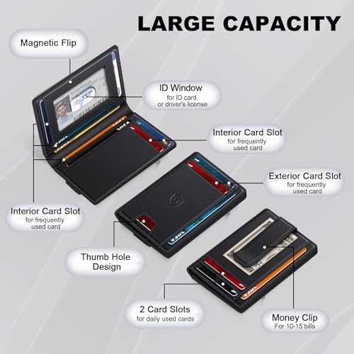 Image of Wallet for Men 14-16 Cards, Minimalist Men Leather Wallet, Men's Front Pocket Bifold Wallets with Money Clip, Slim Thin Card Holder RFID Blocking Bill Folder & Magnetic Closure, Gifts for Men, Black