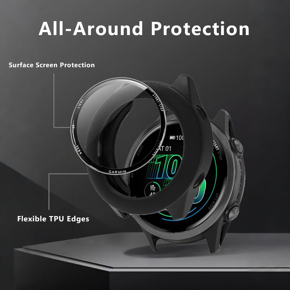 Ochraniacz ekranu zegarka (3 + 1 opakowanie) kompatybilny z Garmin Forerunner 970, pełne pokrycie, zakrzywiona ramka 3D, folia PET, odporna na zarysowania, wysoka rozdzielczość i etui ochronne TPU