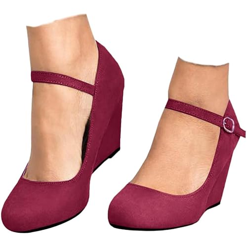 Coutgo Womens Wedge Pumps Dressy Mary Jane Shoes Comfort Wedges Closed Toe Ankle Strap Heeled Shoes