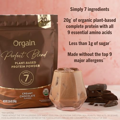 Image of Orgain Organic Vegan Perfect Blend Protein Powder, 20g Clean Plant Protein, 7 Ingredients, <1g Sugar, Gluten Free, Non-GMO; No Artificial Flavors, Stevia Extract, Dairy or Soy Ingredients- Chocolate
