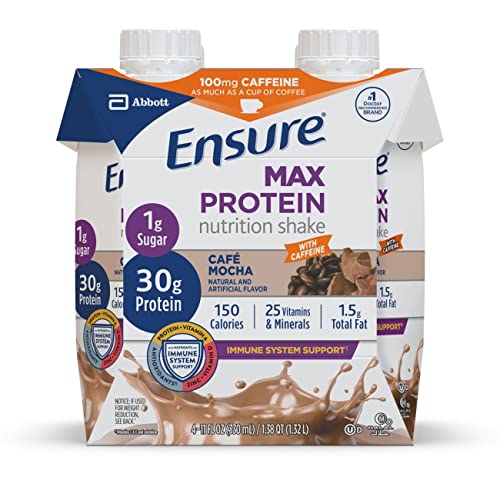 Ensure Max Protein Nutrition Shake With 30g of Protein, 1g of Sugar, High Protein Shake, Cafe Mocha, 11 Fl Oz (Pack of 4)