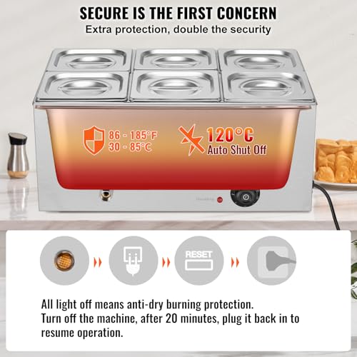 VEVOR kommerzieller Speisenwärmer 13,5 L Speisebehälter 6 x 1/6 Größe, elektrische Warmhalteplatte, 1200 W Profi Buffet-Wasserbad aus Edelstahl, Buffet-Bain-Marie, 30–85 °C Temperaturregelung – Bild 5