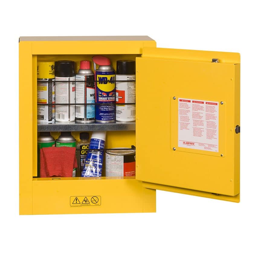 Justrite 8902001 Armario seguridad mini para líquidos inflamables, 1 puerta, 1 estante, cierre manual, 559mm x 432mm x 203mm(WxHxD), acero, estante ajustable: 43cm x 22cm x 8cm (WxHxD), Amarillo