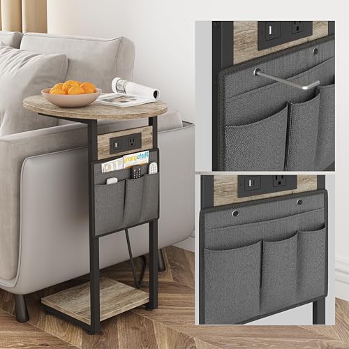 Vagusicc C Shaped End Table with Charging Station, Small Side Table for Sofa, TV Tray Slide Under Sofa Table for Living Room Bedroom, Round Couch Side Table C Table, Snack Table Sofa Table, Greige