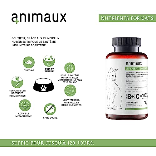 Vitamines pour chats - 120 comprimés à mâcher - Métabolisme, système immunitaire, peau & pelage - Complément alimentaire avec complexe de vitamines B, oméga 3, zinc & plus - animaux Nutrients for Cats – Image 3