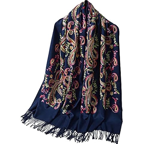 Embroidered Long Paisley Small Leaves Shawl Brushed Cashmere Silk Scarf Soft Ponchos Pashmina Wrap Cape Oversized 72"x26" (17-Navy) Cover
