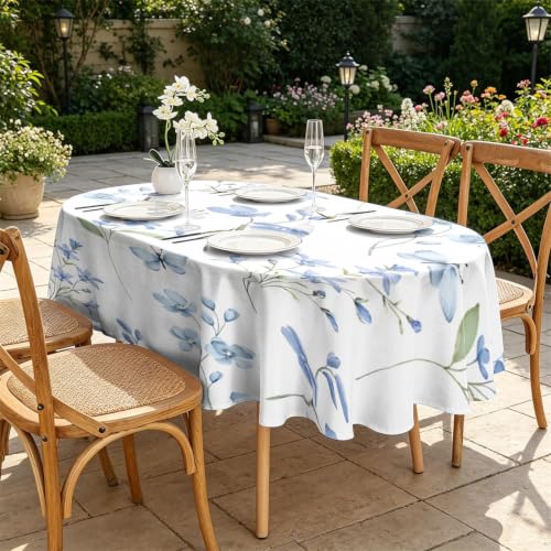 Nappe ovale fleurs bleues lavable protège table contre les taches repas