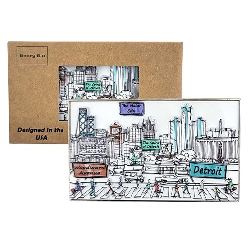 Beary Blu Cities Around The World Artwork Fridge Magnet Series - Designed in The USA - Collectible Souvenir & Gift (Detroit)