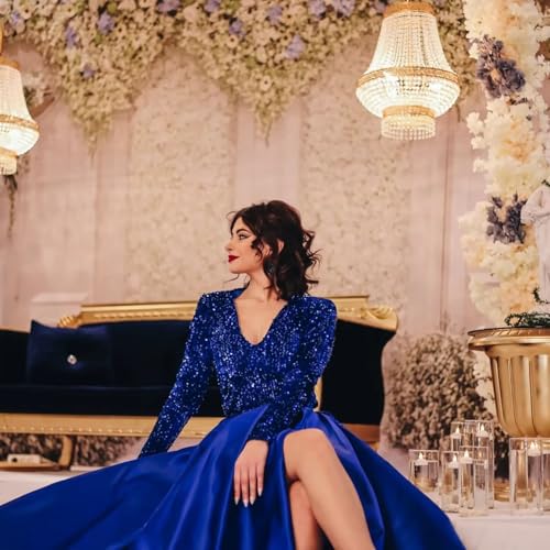 Rjer Long Sleeve Sequin Prom Dresses Satin Ball Gown Slit V Neck Formal Evening Gowns with Pockets2