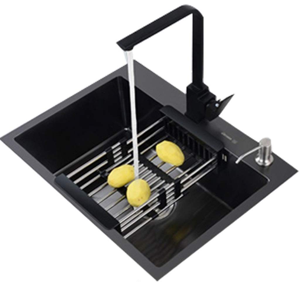 ZQFHSX Kitchen Sinks Fixtures Square 304 Stainless Steel Nano Sink Household Single Durable Basin With Faucet (Color : Black, Size 68 * 45 21cm)