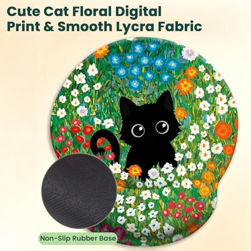 Image of ZORBES Ergonomic Mouse Pad with Wrist Support, Black Cat Floral Memory Foam Wrist Rest Mouse Pad, Non-Slip Base Smooth Surface Desk Mat for Office, Gaming & Home Workspace