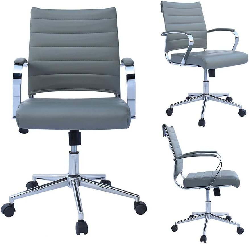 2xhome Modern Mid Back Ribbed PU Leather Swivel Tilt Adjustable Chair Designer Boss Executive Management Manager Office Chair Conference Room Work Task Computer (Gray)