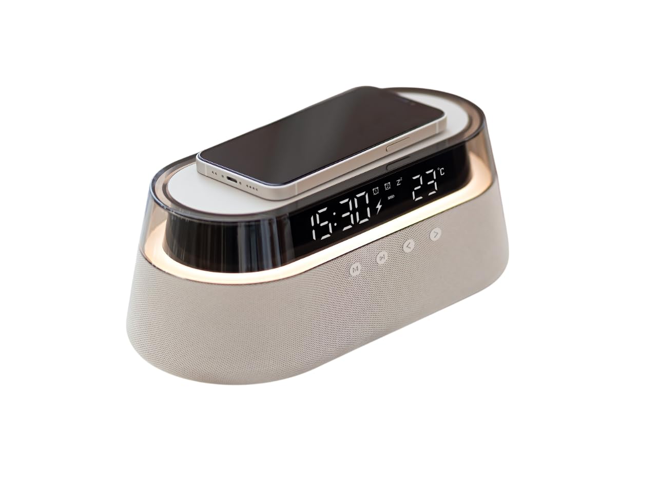 Station intelligente | Station de charge sans fil 6 en 1 | Haut-parleur Bluetooth | Horloge | Lampe | Radio | Chargeur sans fil rapide 15 W | Chargeur de téléphone portable pour iPhone