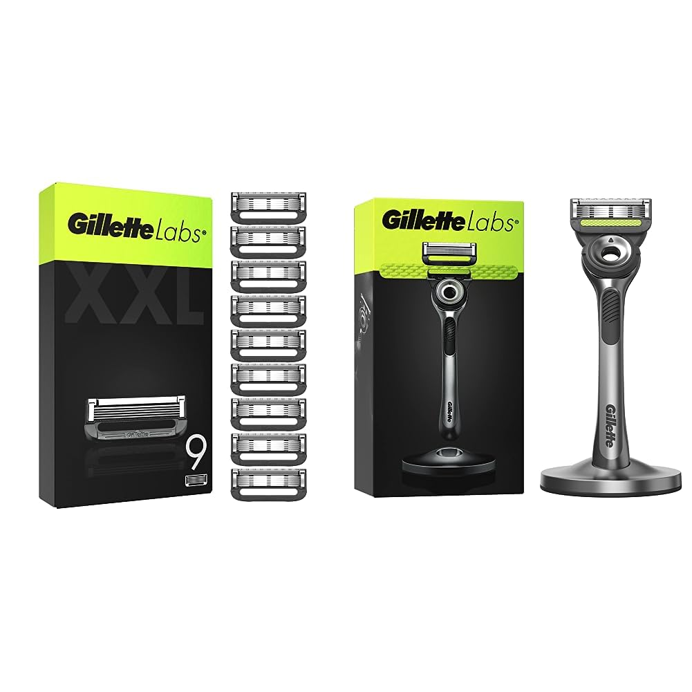 Gillette Labs Rasierklingen, 9 Ersatzklingen & Labs Nassrasierer Herren, Rasierer mit Reinigungs-Element + 1 Rasierklinge, Premium-Magnetdock