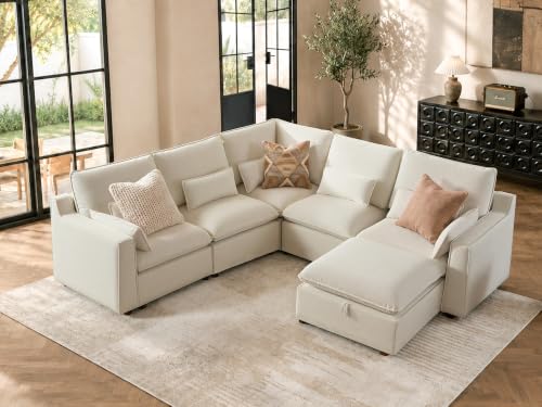 Image of WorthFurni Modern Modular Sectional Sofa,105 inch V Shape Sectional Cloud Couch with Storage Ottoman,Comfty 6 Seat Sofa for Living Room,Beige Chenille