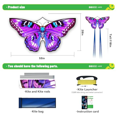 DoinFly Butterfly Kites for Kids & Adults, 55\" x 27\" Easy to Fly for Beginners, Dreamy Purple Kite with 328 ft Line & Line Winder, for Beach Games & Backyard Flying, Outdoor Activities & Family Trip - Thumbnail 5