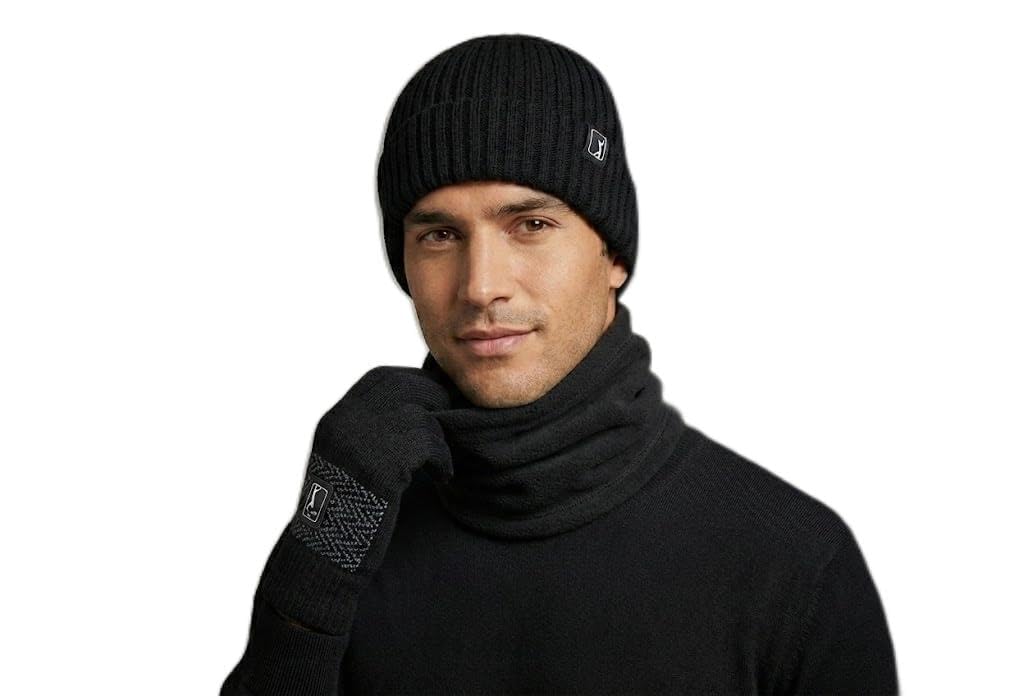 PGA Tour 3pc Set w/Gaiter, Beanie & Winter Golf Glove, Caviar Black