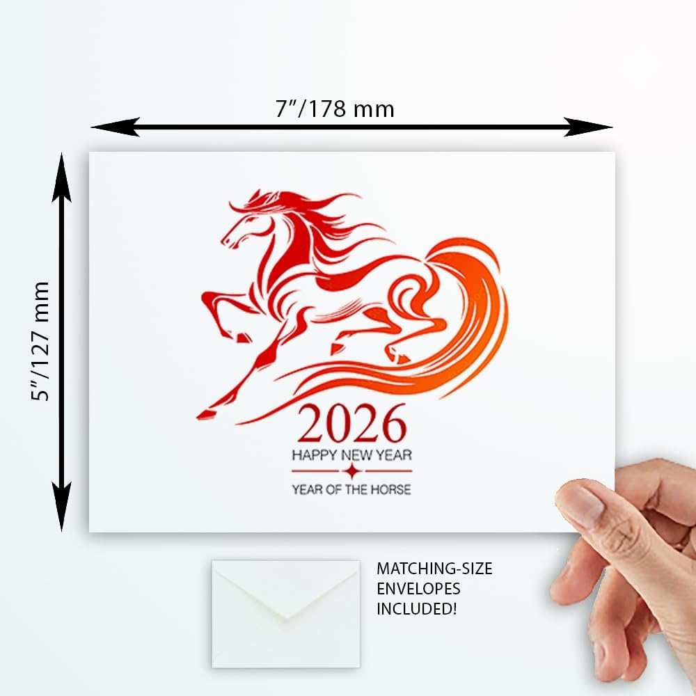 Wright Home & Gift Chinese New Year Greeting Cards + Envelopes (5x7) (Year of the Horse Lantern 2026, 10 Pack)