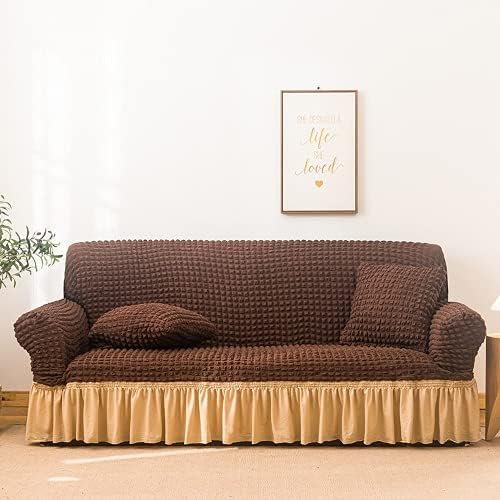 OKJK Seersucker fabric stretch sofa cover for living room sofa protector skirt anti-dust unique style soft sofa slipcovers, Suitable for most sofas (Gray two-tone,3 seater 190-230cm)