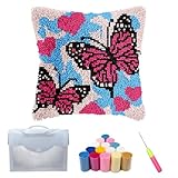 Xiyocadt Schmetterling Knüpfhaken-Set für Erwachsene und Kinder, Anfänger,DIY Knüpfkissen-Set,43x43cm,Vorgedruckte Bastelteppich-Kits,Kreuzstich,Stickerei,Kissenbezug für Zuhause,Sofa,Dekoration (A)