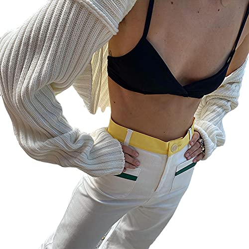 Women Y2K Crochet Shrug Sweater Knitted Long Sleeve Solid Color Open Front Cropped Cardigan Crop Tops Streetwear (A White, One Size) #TOP3