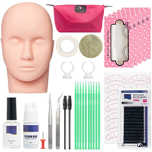 MISMXC Eyelash Extension Kits, Mannequin Head Practice Lashes Exercise Set, Professional Eyelash Grafting Training Tools 14Pcs Lash Extensions Supplies for Beginners