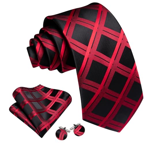 Image of Barry.Wang Men Ties Set Silk Necktie Silk Checked Woven Pocket Square Cufflinks Wedding Business