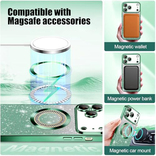 Image of Misscase for iPhone 17 Pro Magnetic Glitter Case Compatible with MagSafe,Full Protection Slim Shockproof Anti-Scratch Case with Camera Lens Protector Plating Bling Dust-Proof Net Green