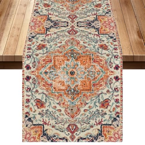 183 x 33 cm Chemin de Table Boheme Rouge Orange, Chemin de Table en Lin Farmhouse, Géométrique Marocain Chemins de Tables, Chemins de Tables Lin Folk Vintage...
