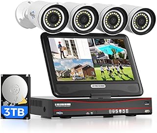 5MP+3TB HDDHiseeu 5MP PoE CCTV Security Camera System,10'' LCD Monitor with 8CH NVR,4X5MP PoE IP Cameras Outdoor with Floodlights for Color Night Vision IP66 Waterproof Remote Access Two-way Audio