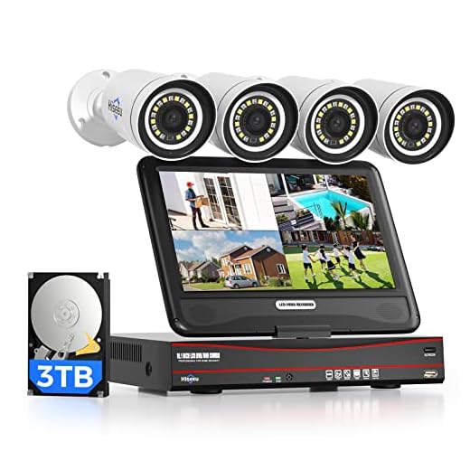 Hiseeu 5MP Kit Videosorveglianza PoE, 8CH NVR 3TB HDD con 10'' LCD Monitor, 30m Visione Notturna a Colori, 4X 5MP Telecamera PoE con Rilevamento del Movimento, Registrazione 24/7, Audio Bidirezionale
