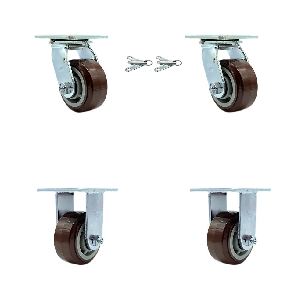 Heavy Duty Swivel Caster Set of 4 with 4 Inch Polyurethane Wheels and Ball Bearings - Includes 2 Swivel with Bolt on Swivel Locks and 2 Rigid - 2,400 lbs. Total Capacity - Service Caster Brand